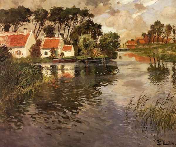 Cottages by a River Oil Painting by Fritz Thaulow