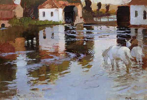 Horses Watering at the Bridge at Montreiul sur Mer, Normandy Oil Painting by Fritz Thaulow