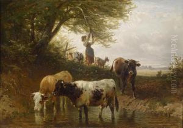 Cowscrossing A Ford Oil Painting by Friedrich Johann Voltz