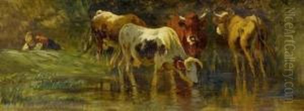 Young Herdsman Withcows At The Waterside. Oil Painting by Friedrich Johann Voltz