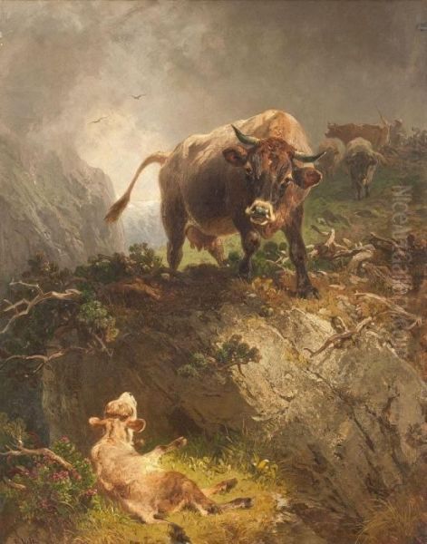 Mutterkuh Findet Ihr Abgesturztes Kalb Oil Painting by Friedrich Johann Voltz