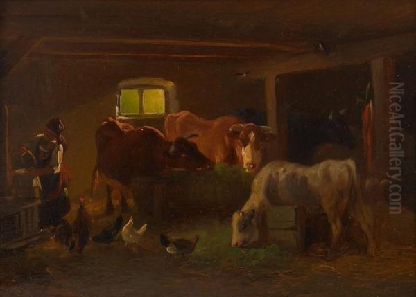 Vieh Im Stall Oil Painting by Friedrich Johann Voltz