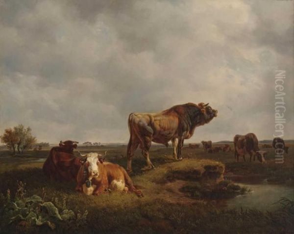 Kuhherde Mit Stier In Weiter Weidelandschaft Oil Painting by Friedrich Johann Voltz