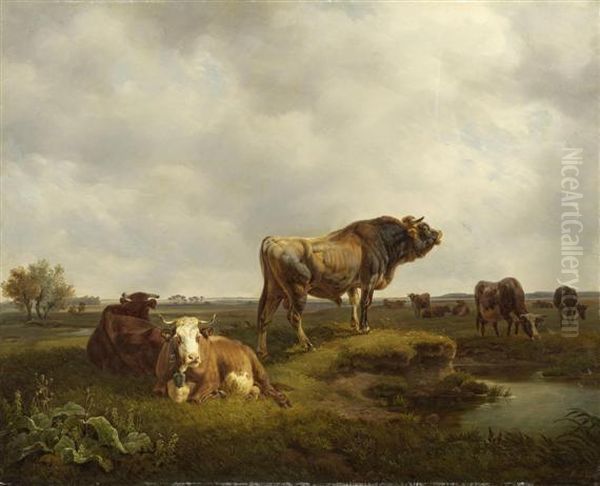 Cows And Bull On A Meadow Oil Painting by Friedrich Johann Voltz