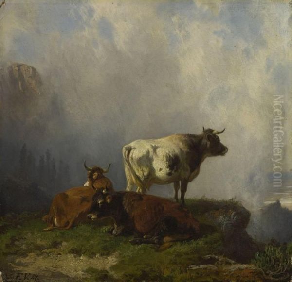 Kuhe Auf Deralm Oil Painting by Friedrich Johann Voltz