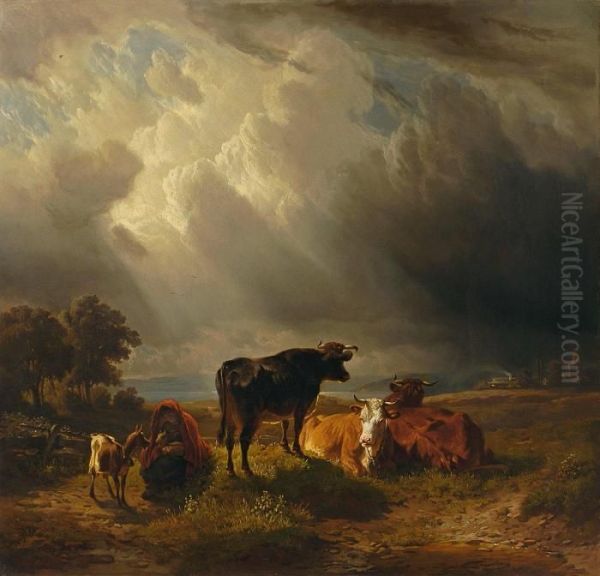 Hirtin Mit Zicklein Und Kuhen In Gewitterlandschaft Oil Painting by Friedrich Johann Voltz