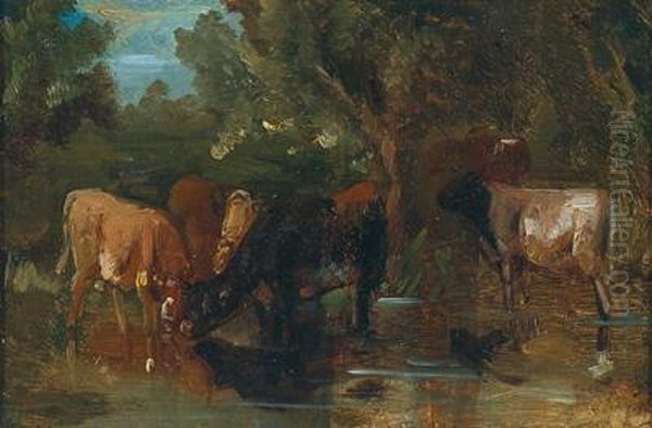 Woodland Landscape With Cattle At The Watering Place Oil Painting by Friedrich Johann Voltz