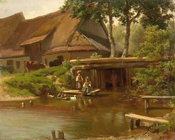 Children By The Millpond Oil Painting by Friedrich Johann Voltz