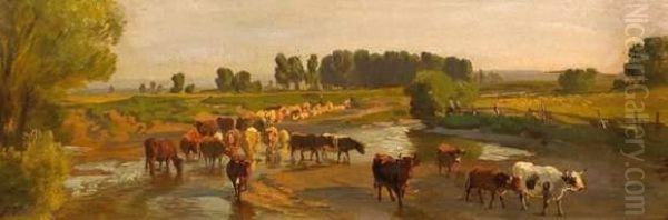 Cows By The Ford Oil Painting by Friedrich Johann Voltz