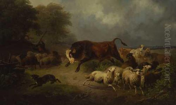 Der Wildgewordene Stier Oil Painting by Friedrich Johann Voltz