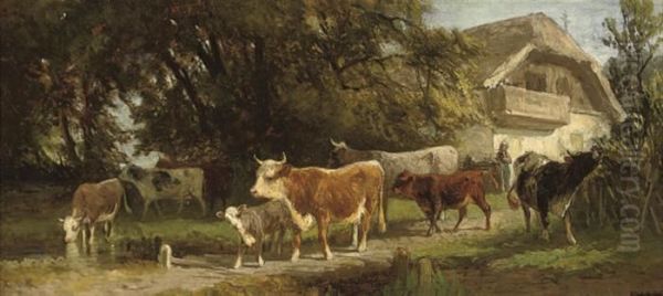 Watering Cattle Before A Farmstead Oil Painting by Friedrich Johann Voltz