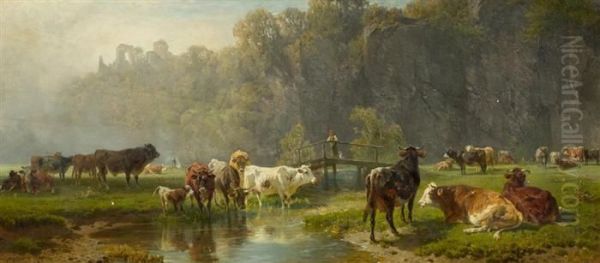 Herd Of Cows At A Stream. 1884. Oil Painting by Friedrich Johann Voltz