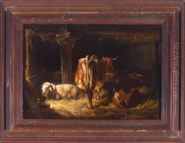 Schaf Und Zwei Kuhe Im Stall Oil Painting by Friedrich Johann Voltz