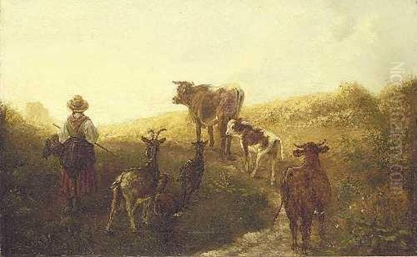 Hirtin Mit Vieh Auf Dem Heimweg. Oil Painting by Friedrich Johann Voltz