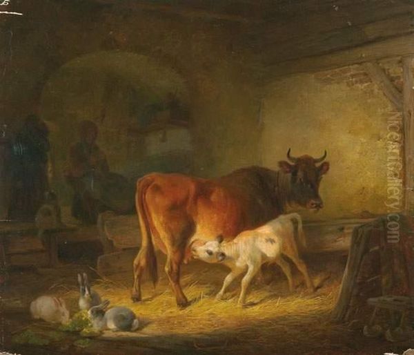 Im Kuhstall. Oil Painting by Friedrich Johann Voltz