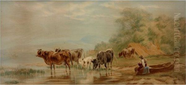 Cattle Drinking, With Herder Sitting On Boat Oil Painting by Friedrich Johann Voltz