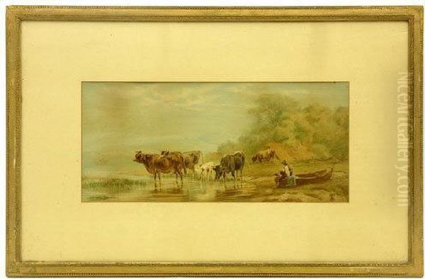 Cattle Drinking Oil Painting by Friedrich Johann Voltz