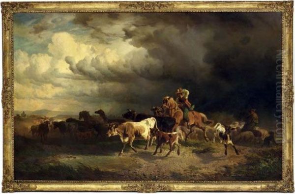 Rising Storm - Herdsmen With Their Herd Fleeing Before The Storm by Friedrich Johann Voltz