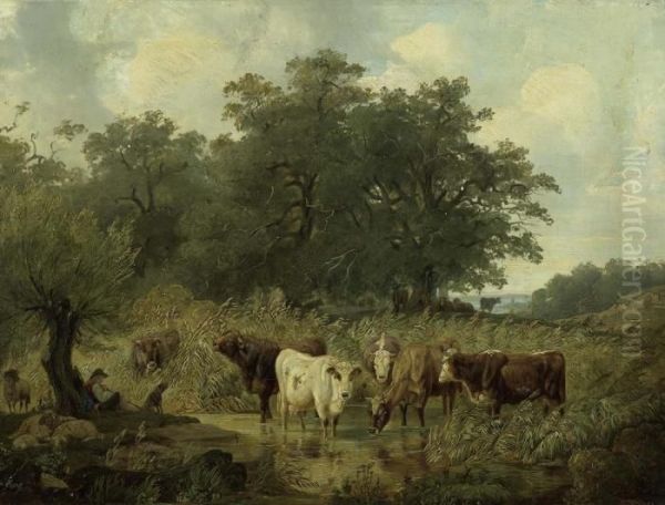 Kuhe Am Fluss Mit Rastendem Hirten Unter Einem Baum. Oil Painting by Friedrich Johann Voltz