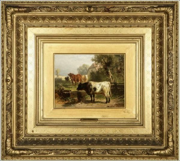 Cattle At A Water Trough Oil Painting by Friedrich Johann Voltz