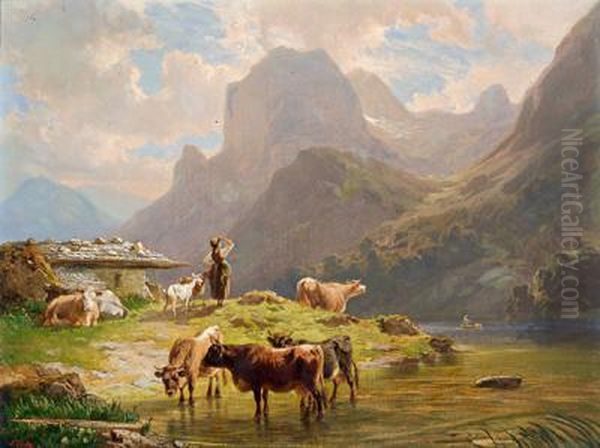 Sennerin Mit Ihrer Herde Auf Der Alm Oil Painting by Friedrich Johann Voltz