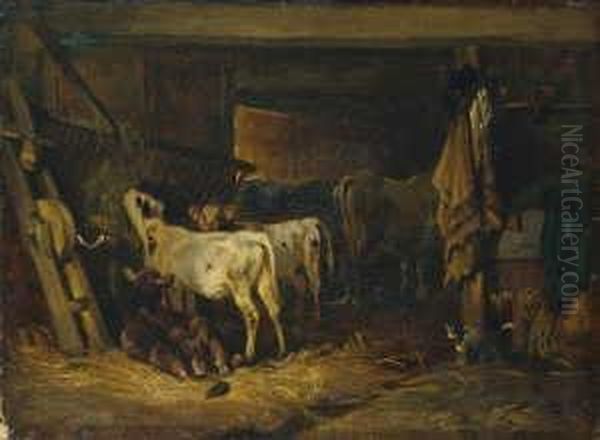 Rinder Im Stall. Oil Painting by Friedrich Johann Voltz