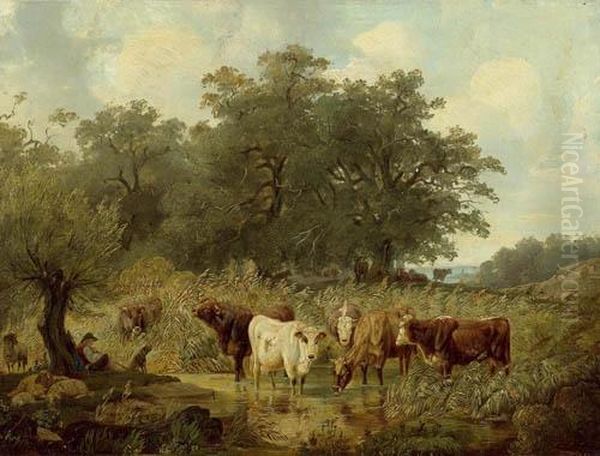 Cows At The River With Herdsmen Resting Under A Tree. Oil Painting by Friedrich Johann Voltz