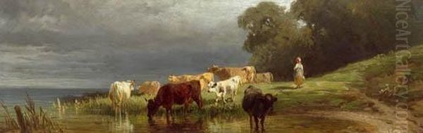 Cows At The River Oil Painting by Friedrich Johann Voltz