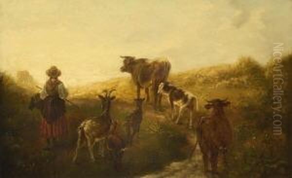 Hirtin Mit Vieh Auf Dem
 Heimweg. Oil Painting by Friedrich Johann Voltz