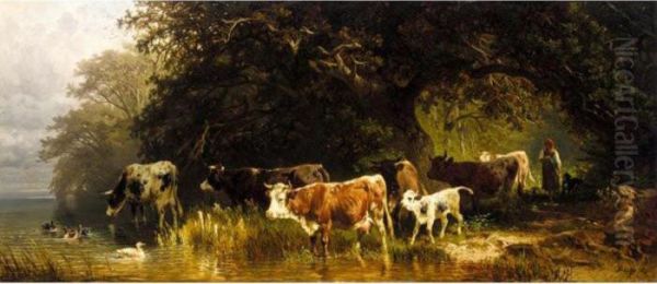 Kuhe Von Einem Madchen Zum Wasser Getrieben (driving The Herd To Water) Oil Painting by Friedrich Johann Voltz