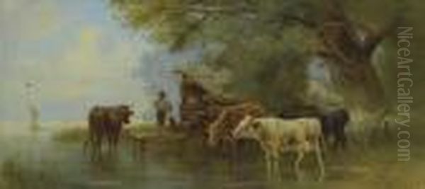 Cows At The Pond. Oil Painting by Friedrich Johann Voltz