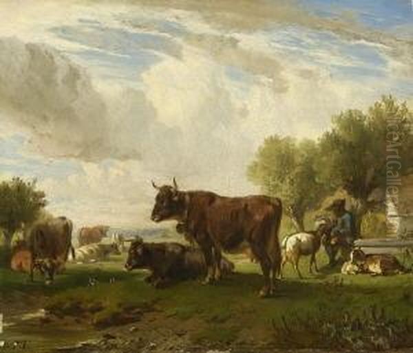 Rastender Hirte Mit
 Herde. Oil Painting by Friedrich Johann Voltz