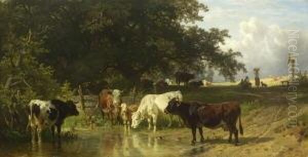 Kuhe An Der Tranke. Oil Painting by Friedrich Johann Voltz