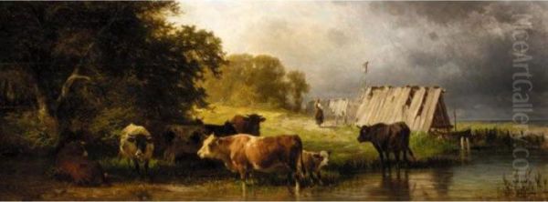 Cattle Watering Oil Painting by Friedrich Johann Voltz