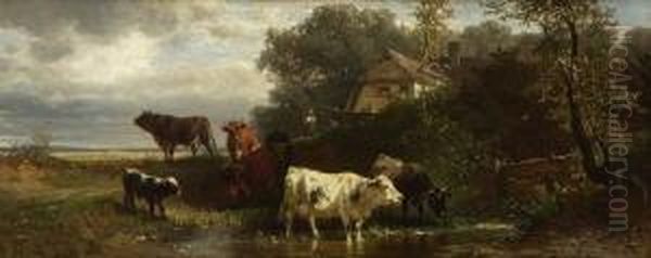 Hirtin Mit Kuhen An Der
 Tranke Oil Painting by Friedrich Johann Voltz