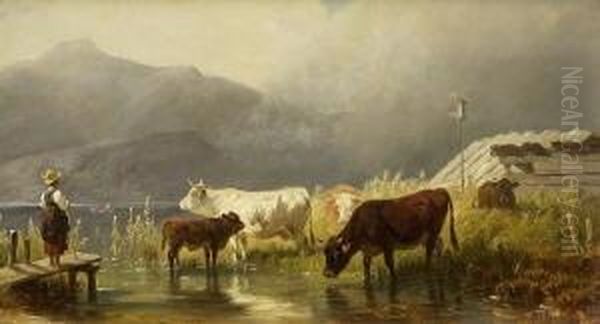 Hirtin Mit Kuhen Am
 Gebirgssee Oil Painting by Friedrich Johann Voltz