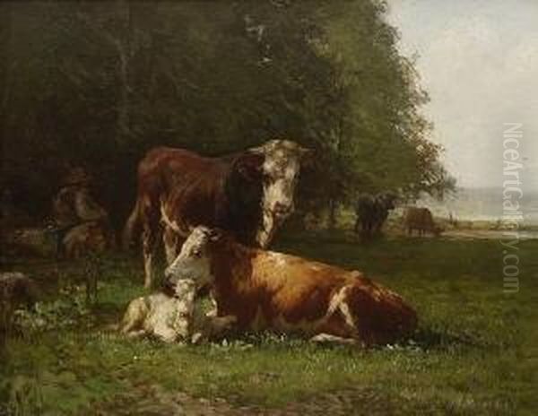 Hirte Mit Kuhen Und Kalb Auf Der
 Weide Oil Painting by Friedrich Johann Voltz