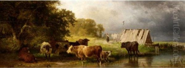 Cattle Watering Oil Painting by Friedrich Johann Voltz