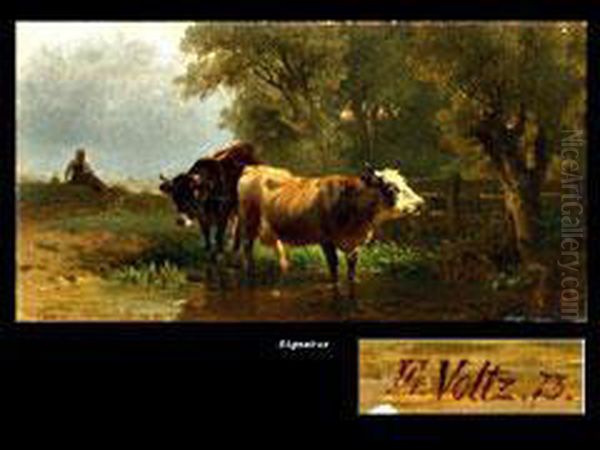 Zwei Kuhe An Der Tranke Oil Painting by Friedrich Johann Voltz