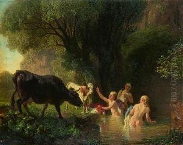 Badende Madchen Am
 Waldquell Oil Painting by Friedrich Johann Voltz