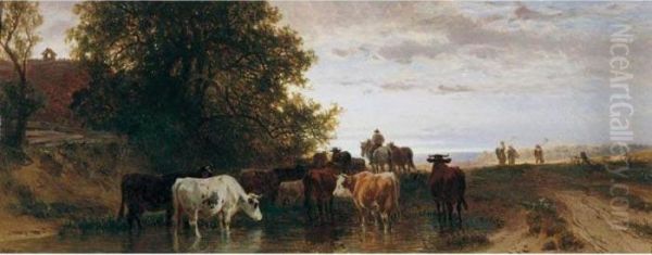 Vieh Vor Einer Wasserstelle (the Watering Hole) Oil Painting by Friedrich Johann Voltz