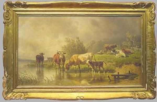 Cattle Watering By Stream Under Darkening Skies Oil Painting by Friedrich Johann Voltz