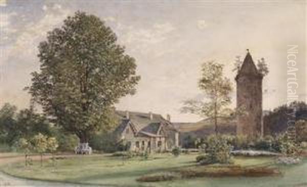 The Cottage And The Jacobinka Tower In The Park Of The New Castle Rozmberk On The Vltava Oil Painting by Rudolf Ritter von Alt