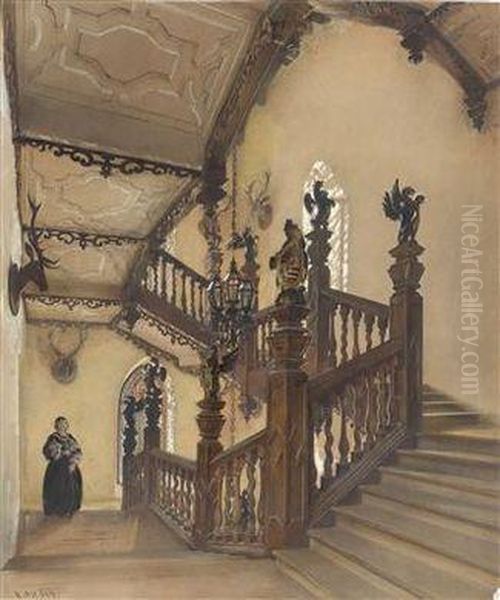 On The Staircase At Castle Rozmberk On The Vltava Oil Painting by Rudolf Ritter von Alt