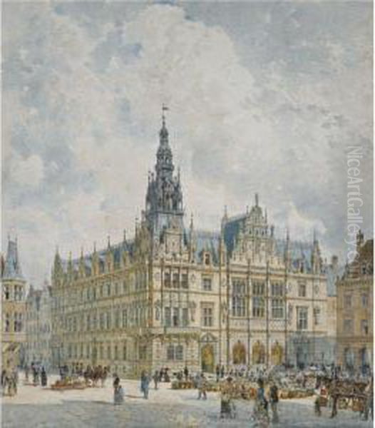 Rathausgebaude Im Renaissancestil (renaissance Style Townhall) Oil Painting by Rudolf Ritter von Alt