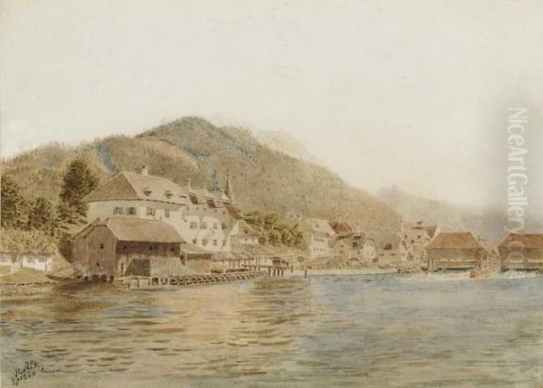 Gmunden Am Traunsee - Blick Uber Die Traun Auf Die Kurzmuhle. Oil Painting by Rudolf Ritter von Alt