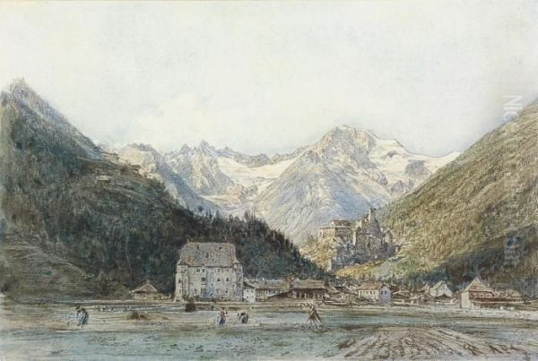 A Town In A Valley Oil Painting by Rudolf Ritter von Alt