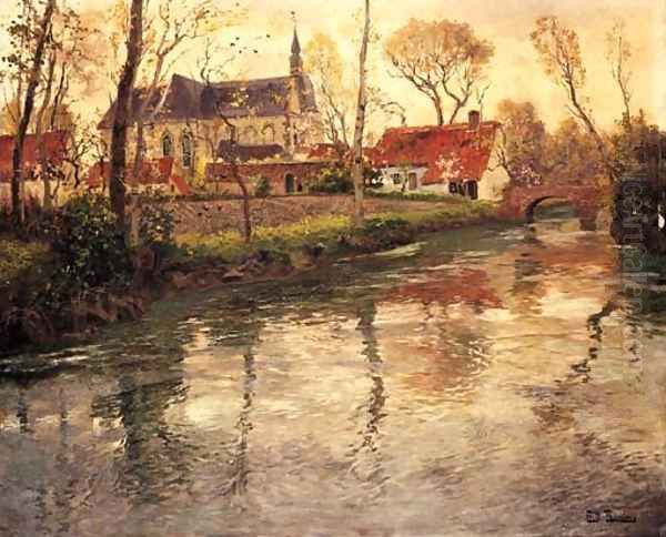 A River Landscape with a Church Beyond Oil Painting by Fritz Thaulow