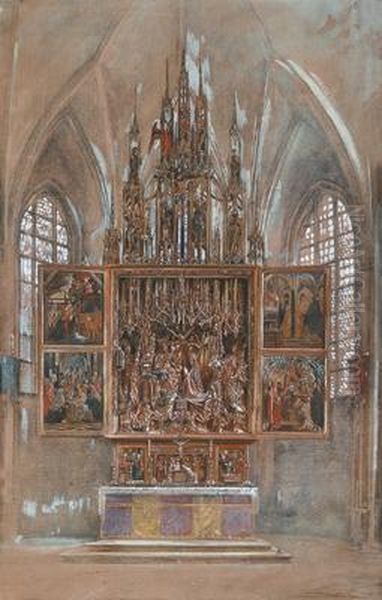 The Winged Altar By Michael Pacher In St. Wolfgang Oil Painting by Rudolf Ritter von Alt