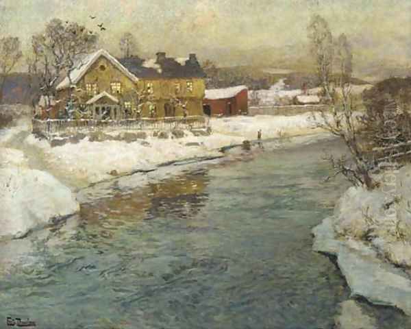 A Cottage by a Canal in the Snow Oil Painting by Fritz Thaulow